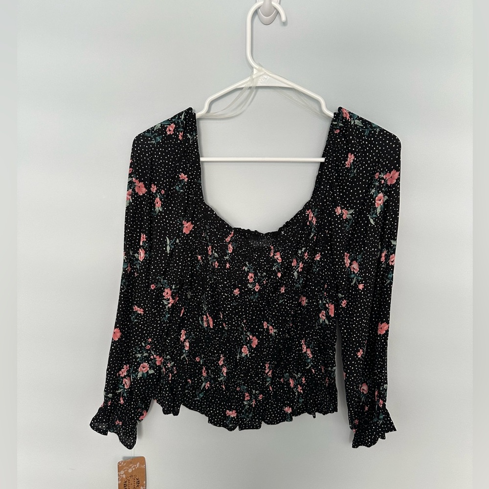 Mason & Belle Smocked Black Floral Top Size M